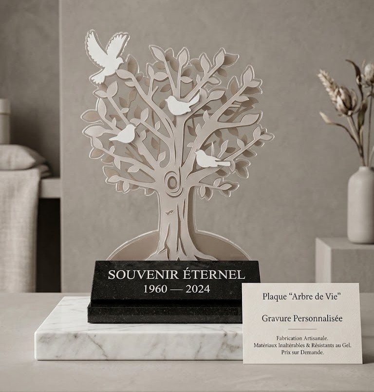 Plaque funéraire moderne découpée en forme d'arbre de vie avec gravure personnalisée sur socle, création d'un marbrier local.